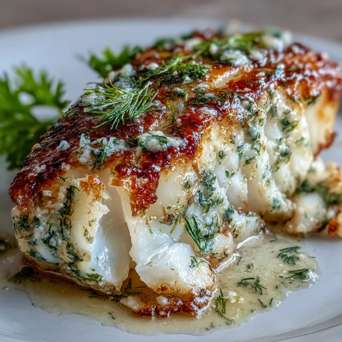 Garlic Herb Butter Cod with Green Beans and Baby Potatoes in a baking dish, showcasing flaky white fish topped with aromatic herb butter alongside roasted potatoes and crisp green beans.