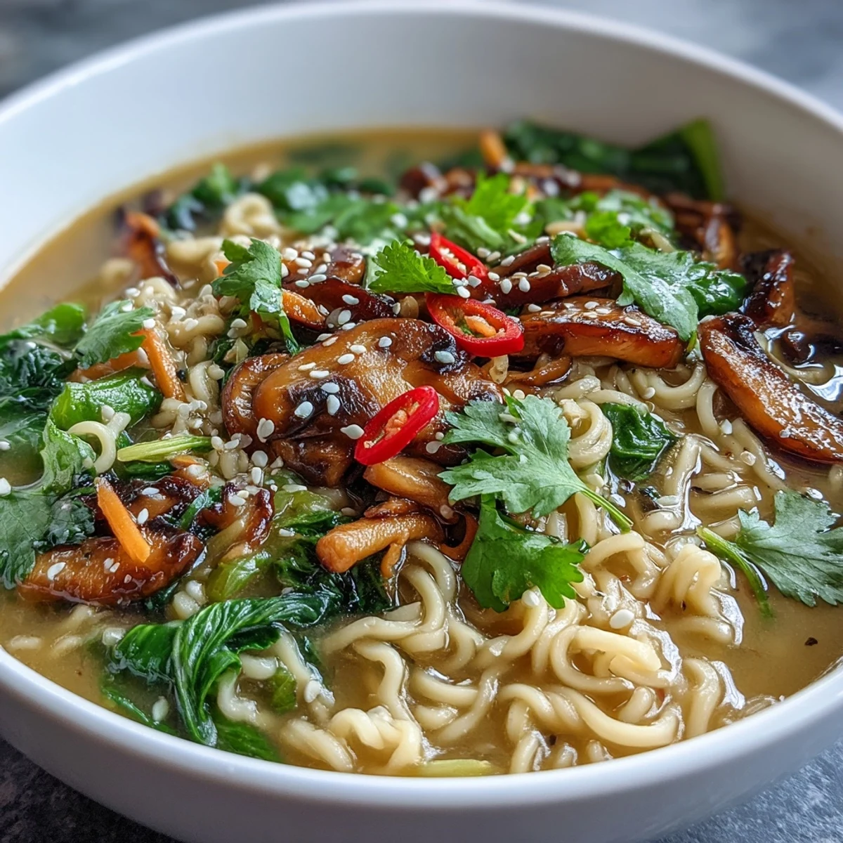 A steaming bowl of vegan coconut curry ramen with bok choy and mushrooms, rich and fragrant with creamy coconut broth.