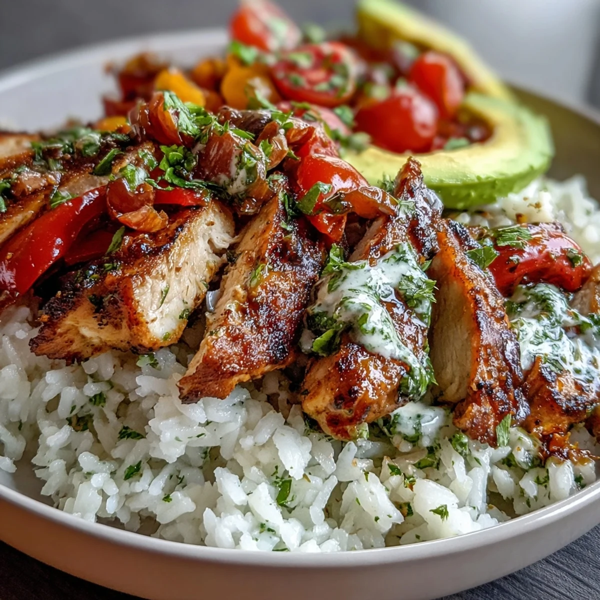 Colorful meal prep bowls with juicy chicken fajitas and fresh cilantro-lime rice, perfect for healthy lunches.  