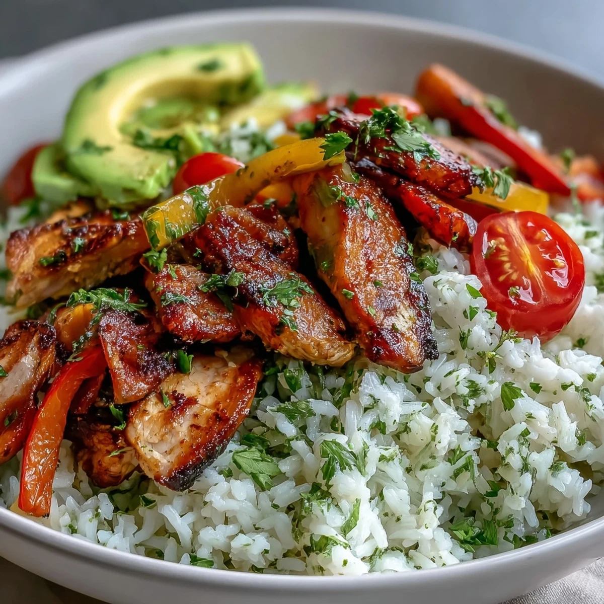 Vibrant chicken fajitas served over zesty cilantro-lime rice, topped with avocado and cherry tomatoes for freshness.  