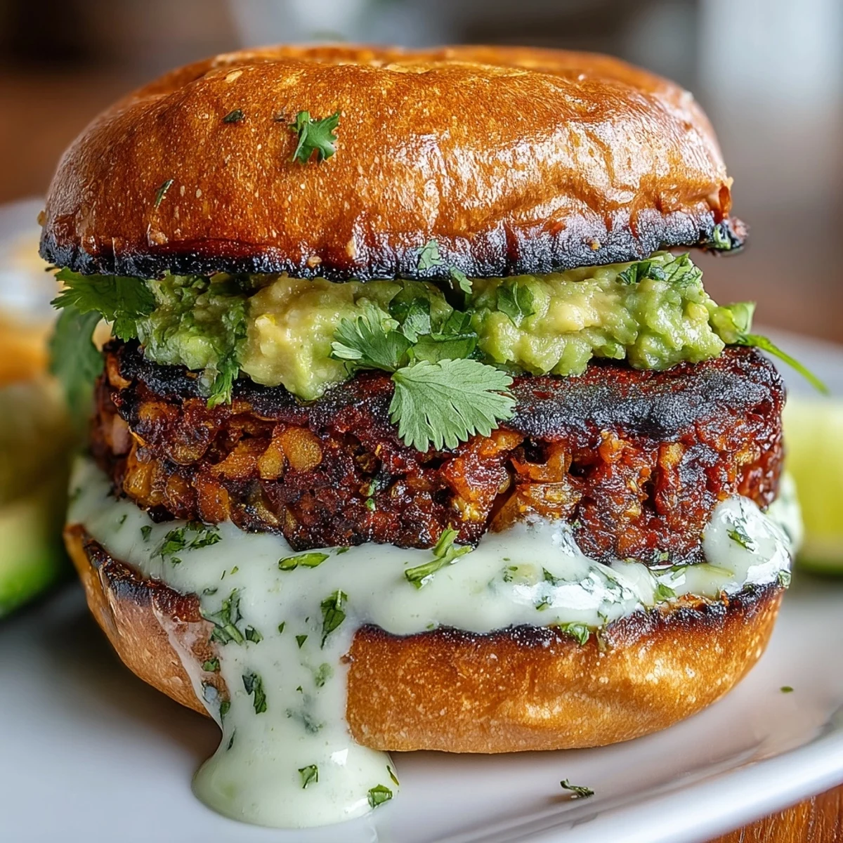 3. Wholesome vegan patties made from sweet potato and black beans, paired with vibrant avocado lime sauce and sliced tomato.