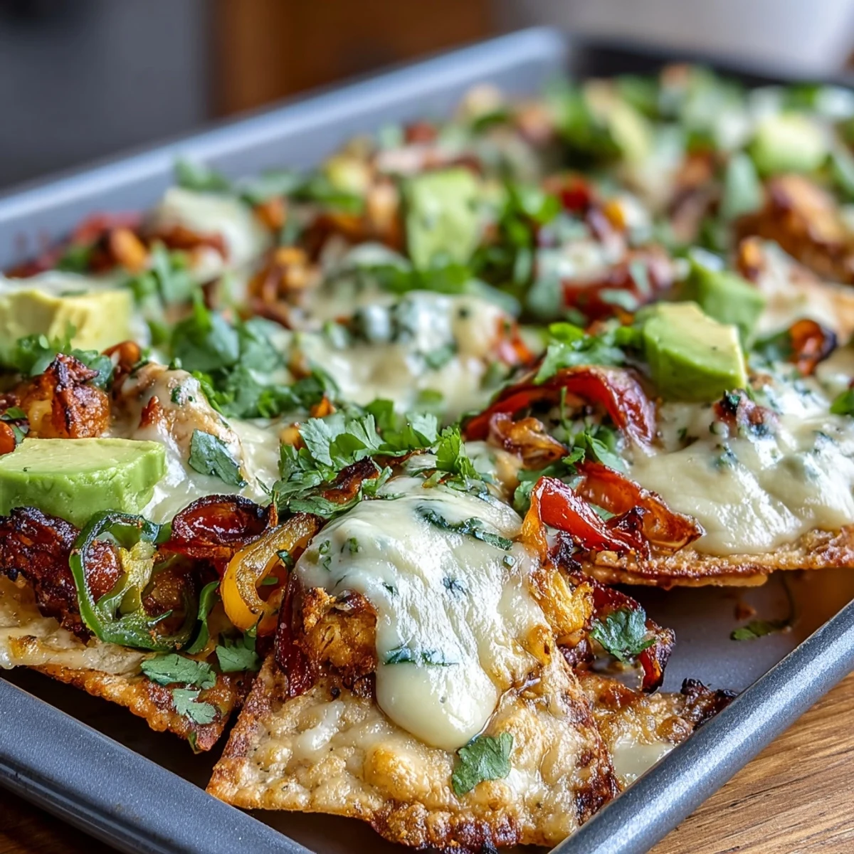 Crispy tortilla chips loaded with roasted bell peppers, zucchini, and corn, topped with tangy salsa verde and creamy cashew queso for a vibrant vegan nacho feast.