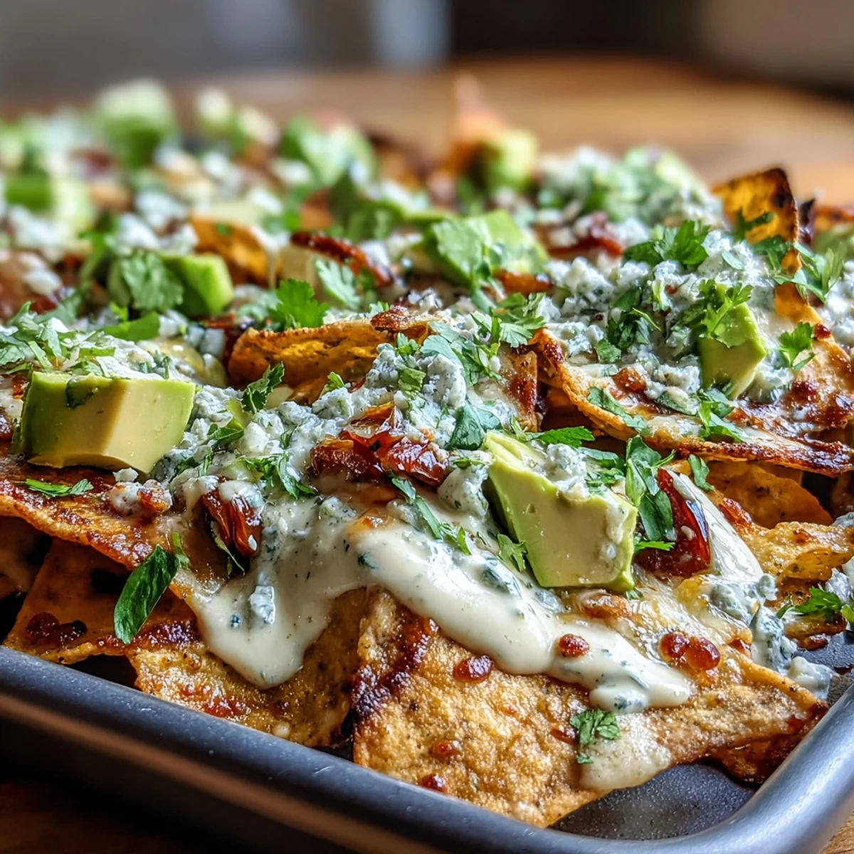 Sheet pan nachos bursting with colorful vegetables, drizzled with smoky cashew queso, and garnished with fresh cilantro and avocado for a satisfying Tex-Mex meal.