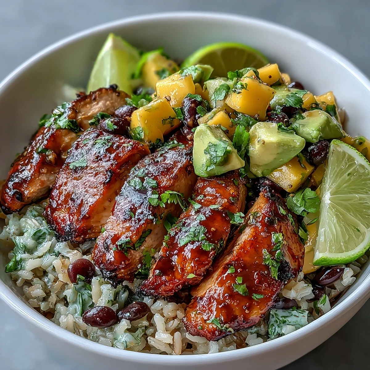 Vibrant Mango Avocado Salsa Chicken Bowls with Brown Rice and Black Beans, topped with juicy grilled chicken and fresh mango salsa.  