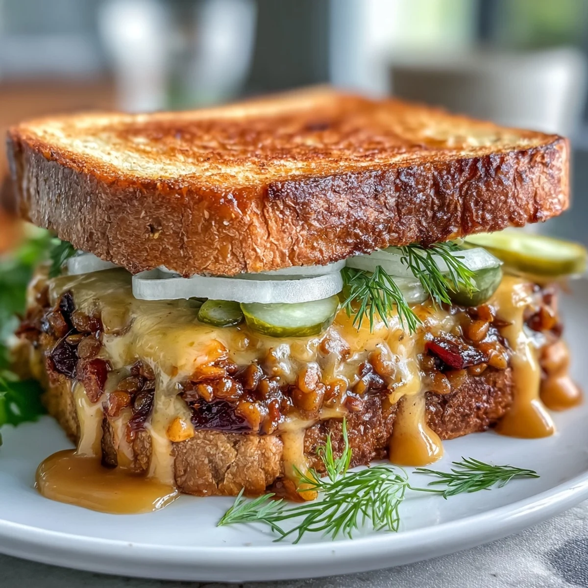 2. Hearty lentil sloppy joe mixture with smoky spices served over crisp sourdough, drizzled with creamy dairy-free cheese sauce for comfort food bliss.  