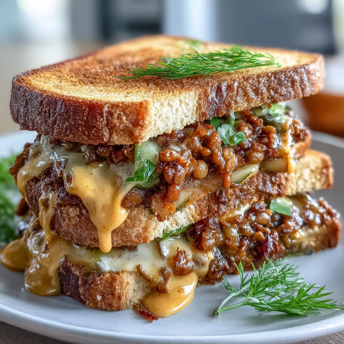 3. Bold, plant-based cheeseburger flavors meet lentil sloppy joes on golden sourdough, topped with tangy pickles and onions for a satisfying vegan main dish.