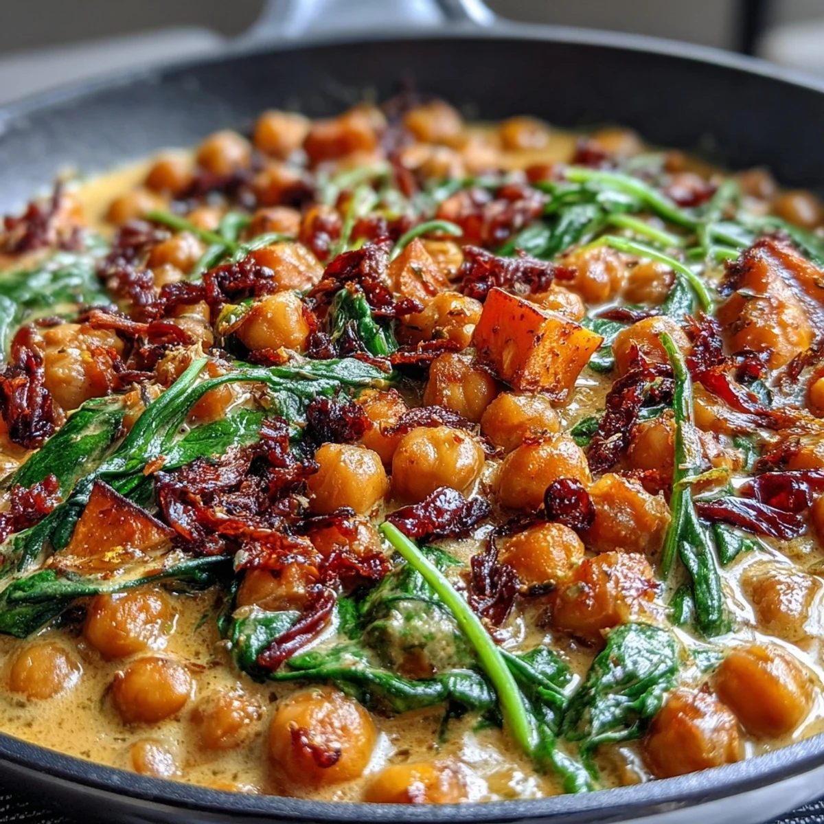 Creamy Coconut Curry Chickpea Skillet with Sweet Potatoes and Spinach in a fragrant sauce.