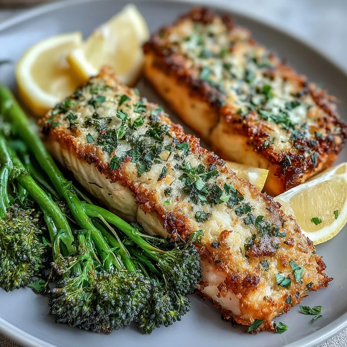 Oven-baked salmon topped with savory garlic-parmesian crust, served alongside crisp roasted broccoli and bright lemon wedges for freshness.