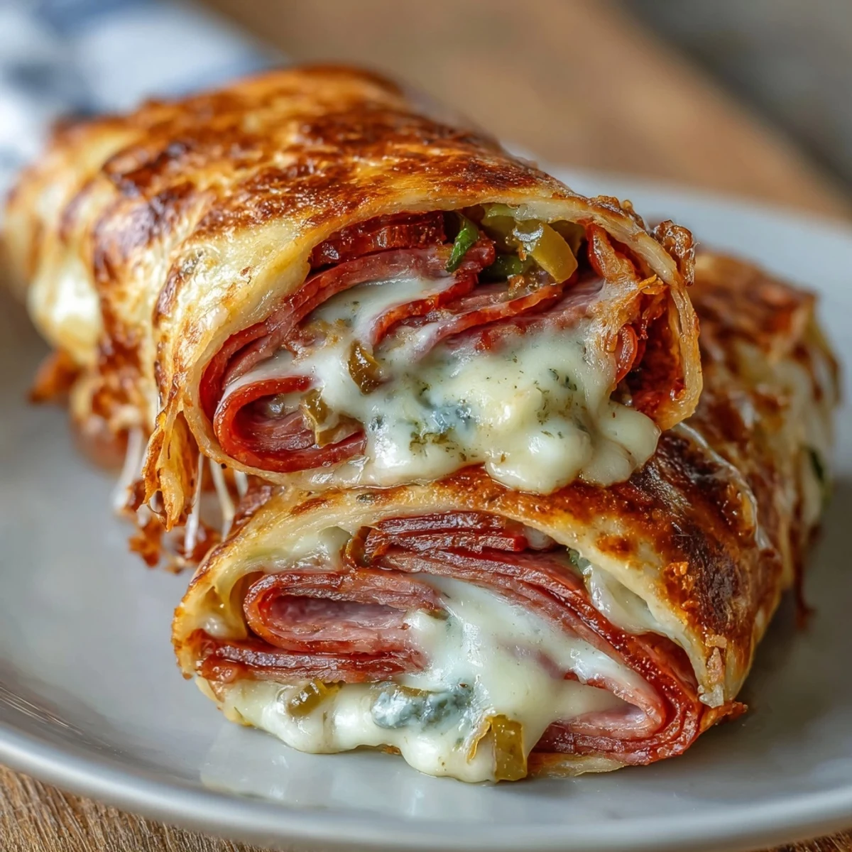 A golden, crispy low-carb tortilla wrap loaded with melted provolone, spicy salami, pepperoni, and tangy banana peppers for an Italian sub flavor in every bite.  