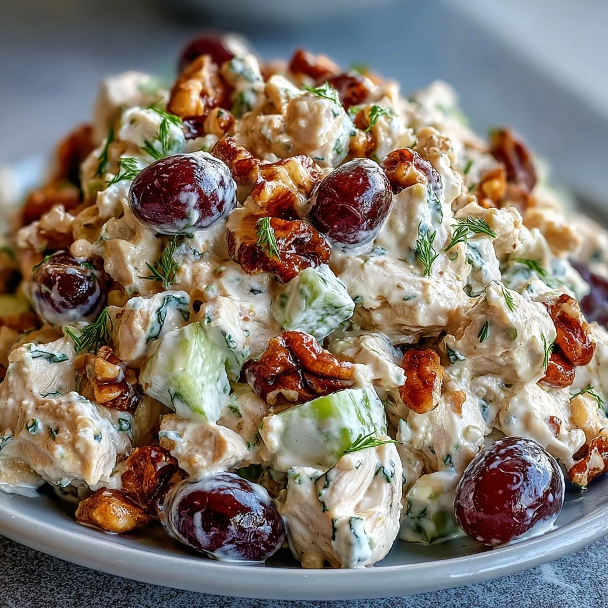 Vegan chicken salad with crunchy almonds, juicy grapes, and creamy dressing in a white bowl, perfect for sandwiches or picnics.  