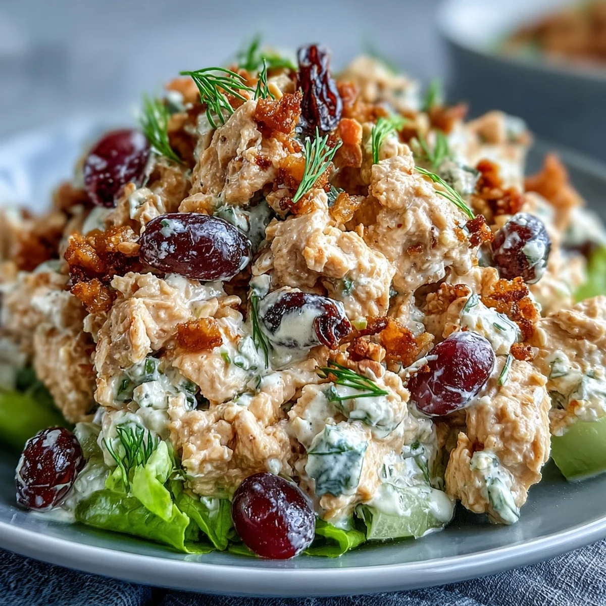 Colorful vegan chicken salad featuring flaky chickpeas, crisp celery, and sweet dried cherries, served chilled for a refreshing meal.  