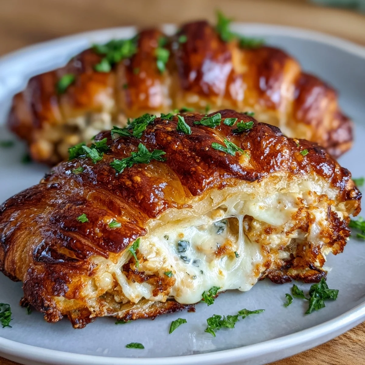 Decadent Chicken Pillows with Garlic Parmesan Sauce: golden baked crescents filled with creamy chicken and cheese, brushed with buttery garlic Parmesan topping.
