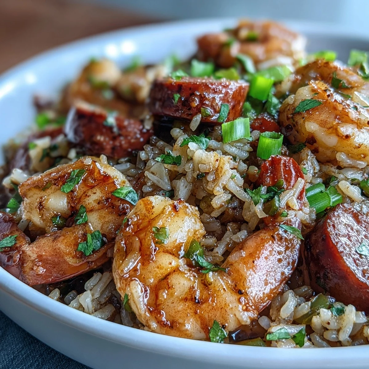 Hearty Cajun dirty rice with juicy shrimp and spicy sausage, served in a cast iron skillet with colorful bell peppers.  