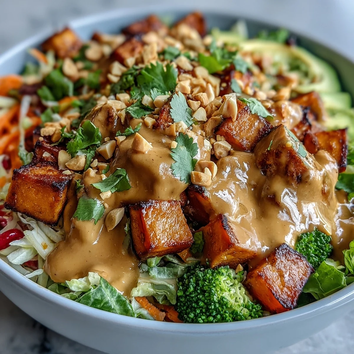 Vibrant Thai Peanut Sweet Potato Buddha Bowl with roasted sweet potatoes, fresh veggies, and creamy peanut sauce in a colorful bowl.