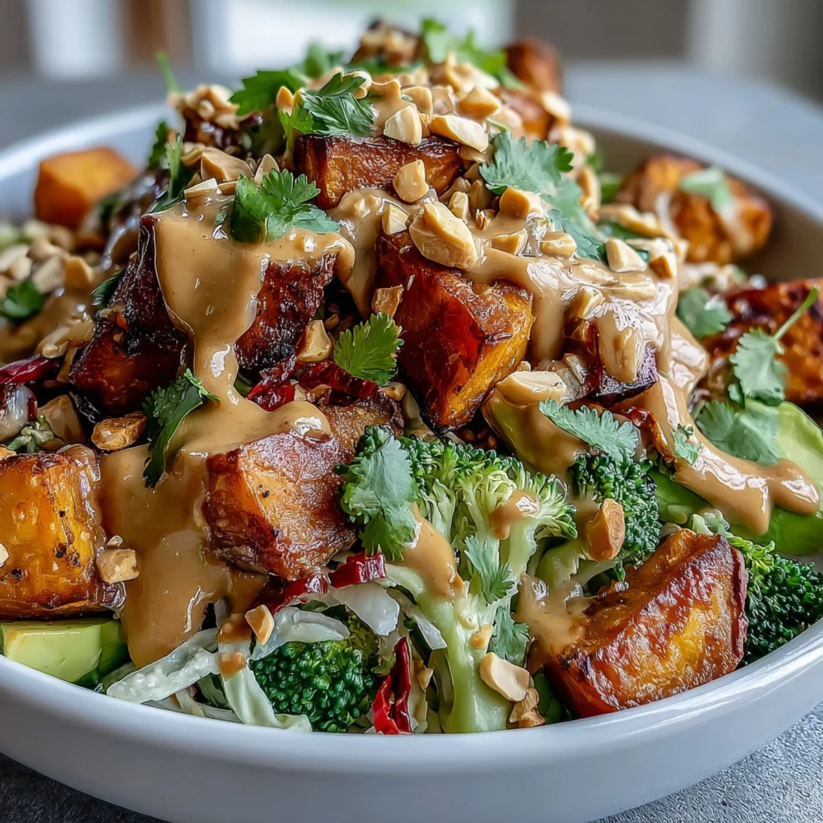Colorful vegetarian Buddha bowl featuring roasted sweet potatoes, crunchy cabbage, carrots, avocado, and rich Thai peanut dressing.