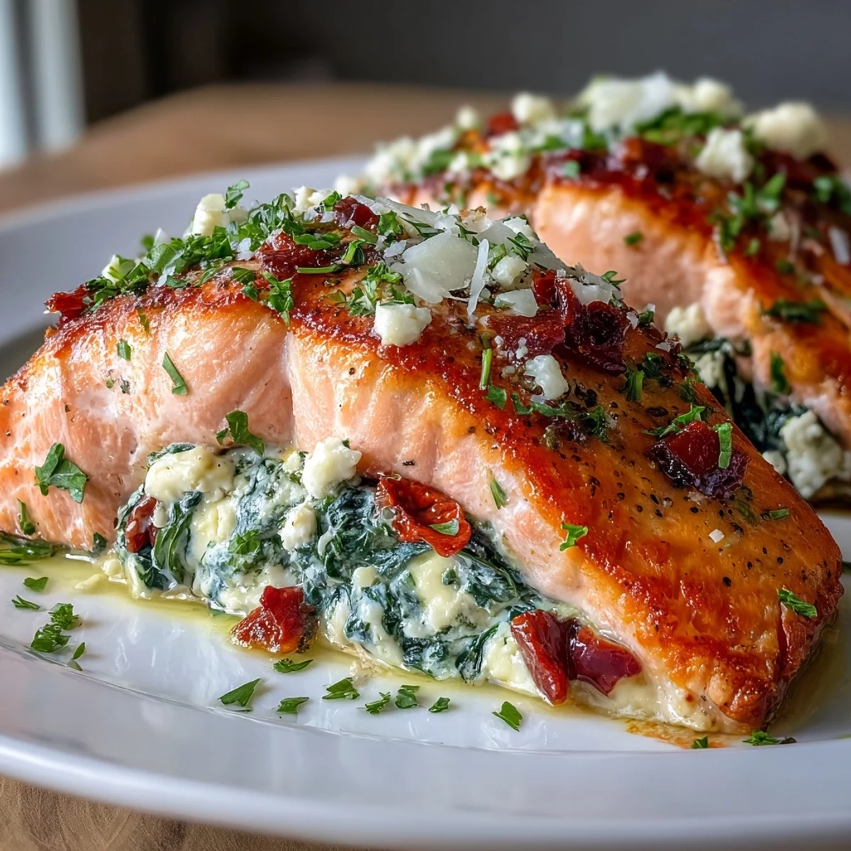 Tender salmon pockets filled with creamy spinach-feta mixture, perfect for a healthy dinner.  