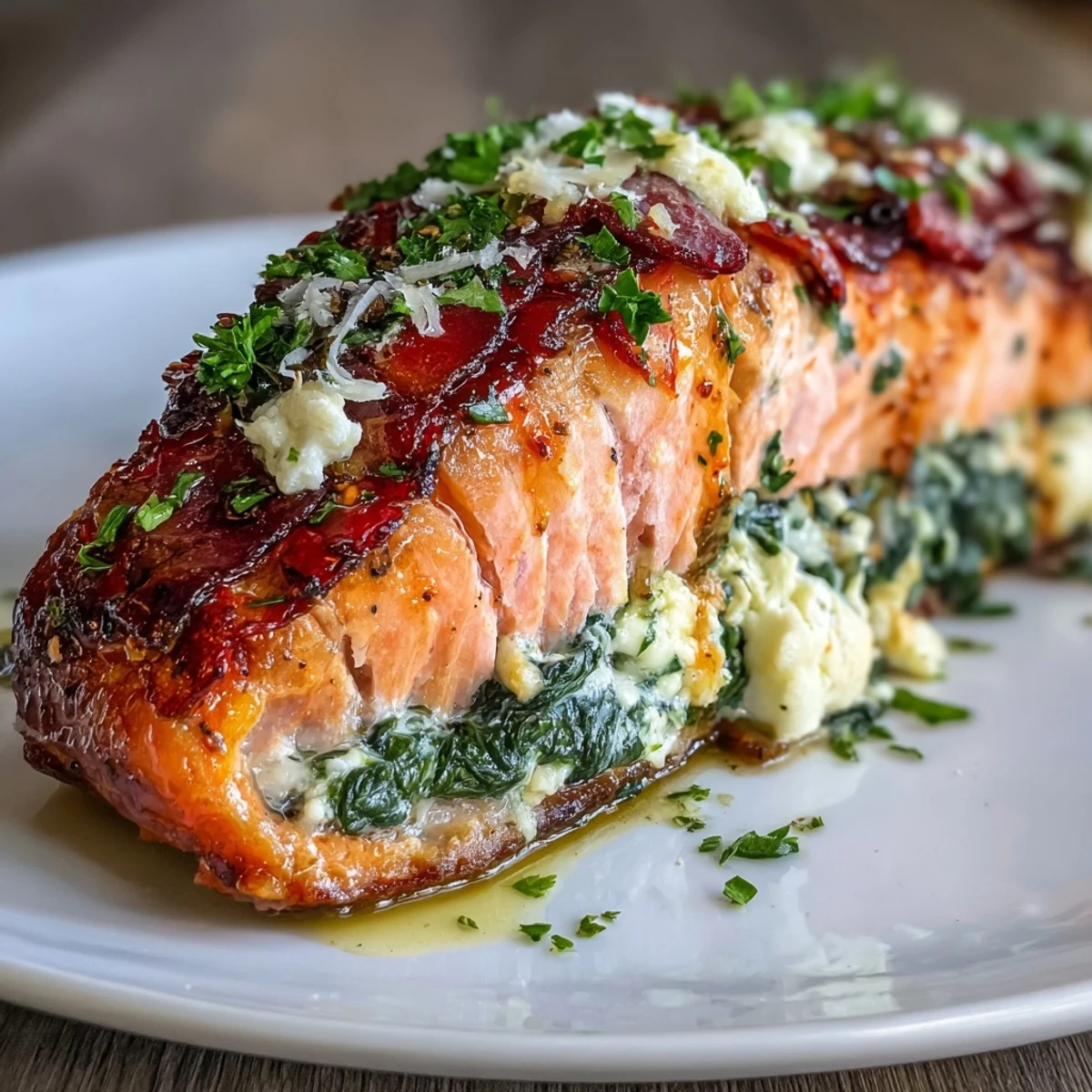 Flavorful baked stuffed salmon with Mediterranean spinach and feta filling, served hot.