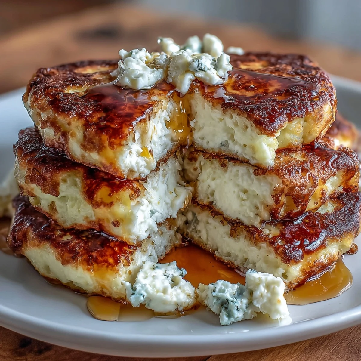 Fluffy, golden cottage cheese pancakes with crisp edges, stacked high and ready for a wholesome breakfast.  