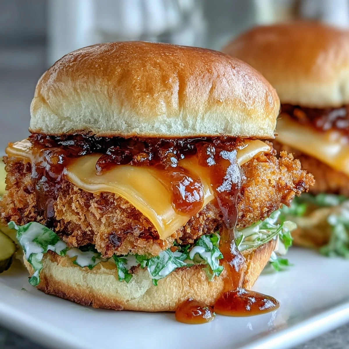 Close-up of crispy chicken sliders with honey mustard sauce and melted cheese.
