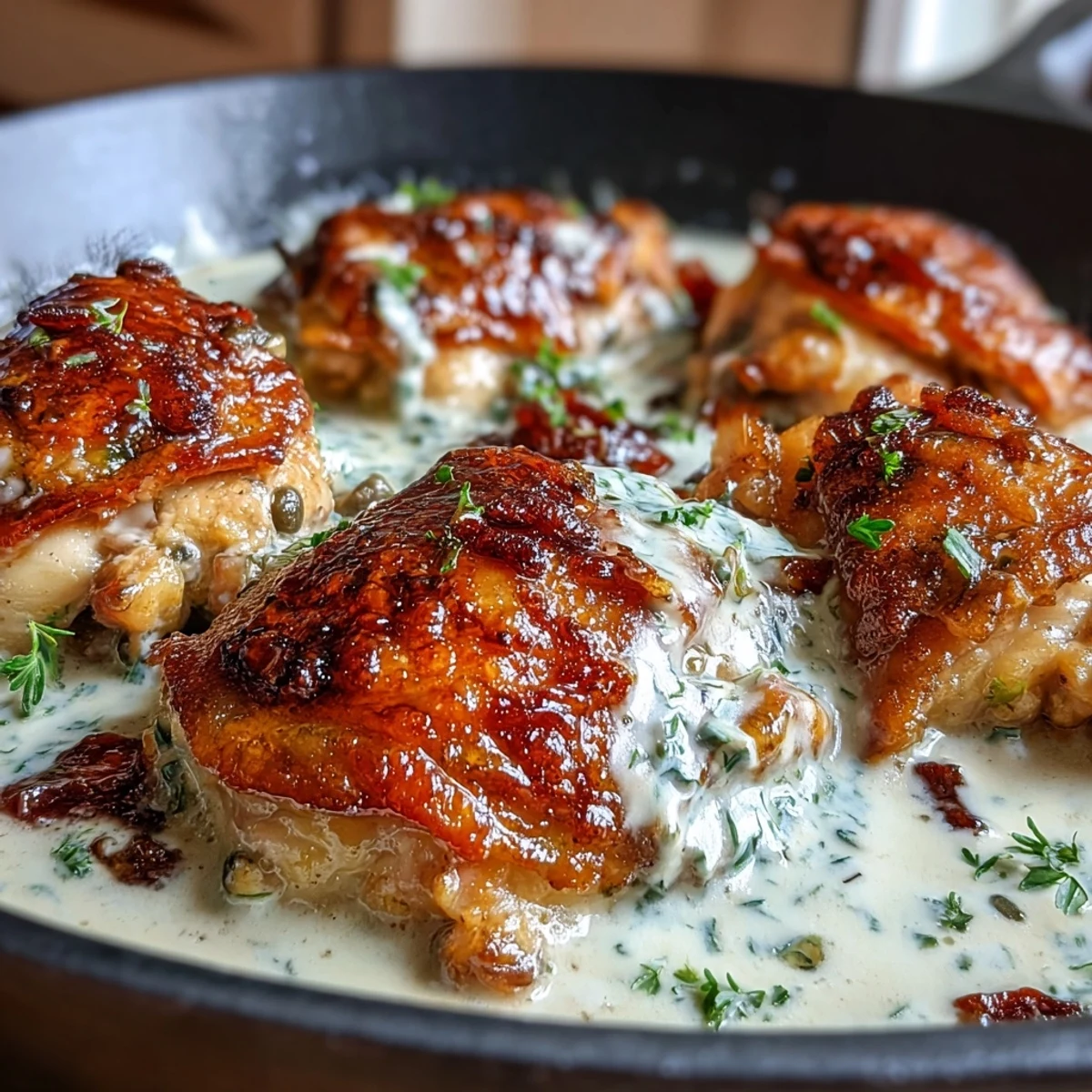 Creamy Pepperoncini Chicken Skillet with tender chicken in a tangy, luscious sauce.  