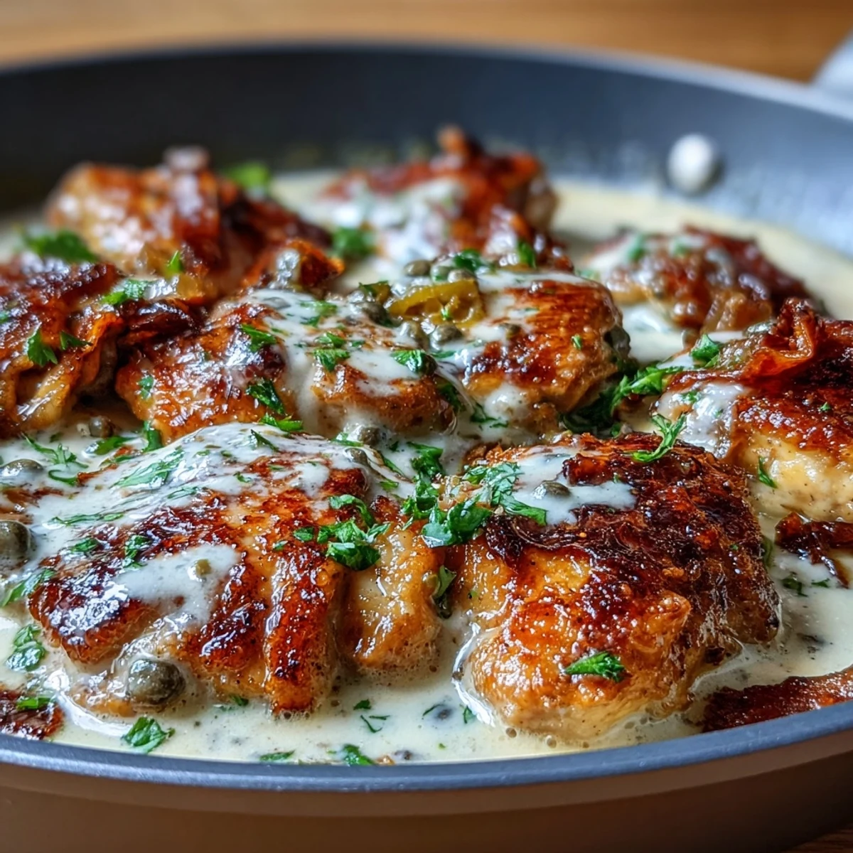 Savory Pepperoncini Chicken Skillet featuring golden chicken simmered in a rich, creamy pepperoncini sauce.  