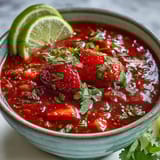 Fresh strawberry salsa with lime and jalapeño in a white bowl, vibrant red strawberries mixed with green cilantro and diced onion, served with crispy tortilla chips on the side.