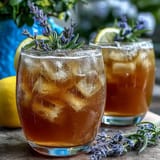 A refreshing lavender honey lemonade pitcher with citrus slices and fresh lavender sprigs.