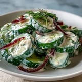 Creamy cucumber dill salad with crisp cucumbers and tangy dill dressing, perfect for summer picnics and barbecues.