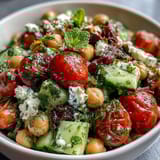 A colorful bowl of Cold Chickpea Salad with Lemon Herbs, bursting with fresh vegetables and zesty dressing.