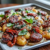 One-pan Italian sausage and roasted vegetables with gnocchi, tossed in herbs and Parmesan for an easy weeknight meal.  