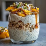 Creamy Skyr Protein Chia Pudding with vibrant mango swirls topping.