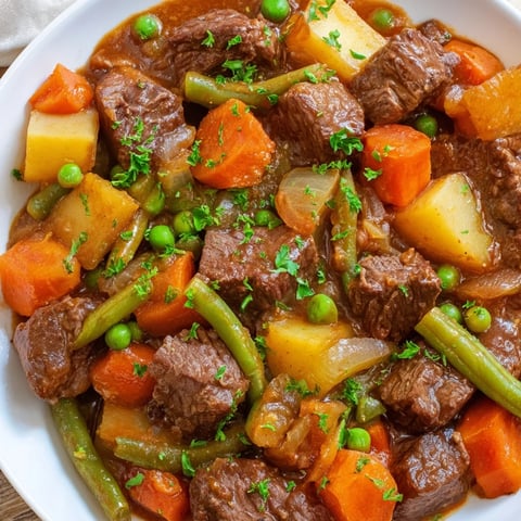Steaming bowl of Beef and Vegetable Stew; hearty chunks of beef and carrots abound.
