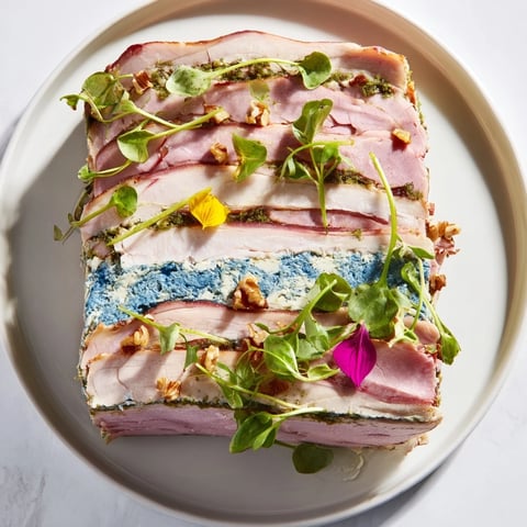 The Grand Canyon Rim terrine layered with meats, featuring a flowing blue cheese river, ready to slice.