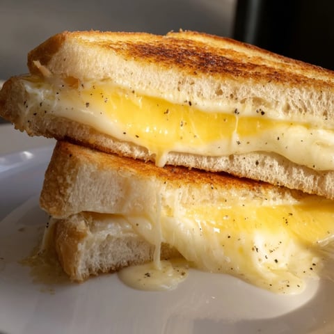 Golden Truffle Oil Grilled Cheese; gooey cheddar spills from toasted sourdough bread, smelling divine.