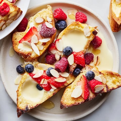 Golden-crusted Custard Toast, revealing a soft, creamy center, served warm with fresh berries.