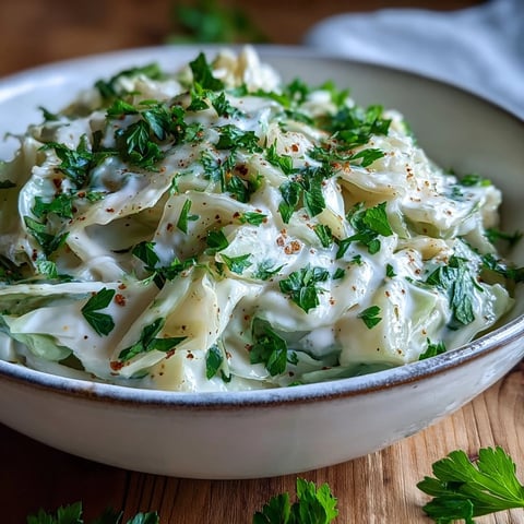Creamed Cabbage simmering in a creamy sauce garnished with fresh parsley, a warm and comforting vegetarian side dish.