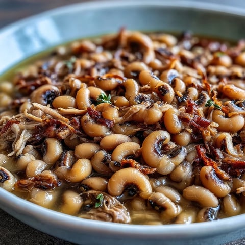 Close-up of tender black-eyed peas and shredded smoked turkey in a rich, savory broth, highlighting the hearty texture of Crock-Pot Black-Eyed Peas with Smoked Turkey.