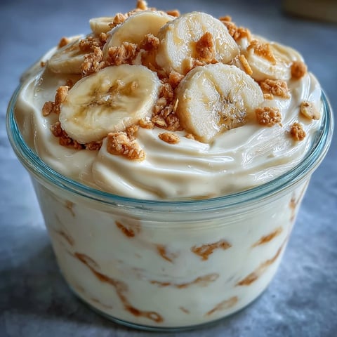 Creamy Protein Banana Pudding layered with Greek yogurt custard, crushed sugar-free wafers, and fresh banana slices in a glass jar.