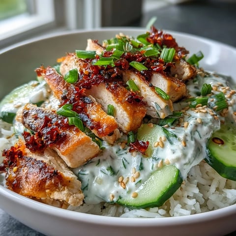 Golden-brown seared chicken slices and crisp cucumbers tossed in creamy Asian-style dressing in a TikTok Chili-Crisp Cucumber Chicken Bowl.