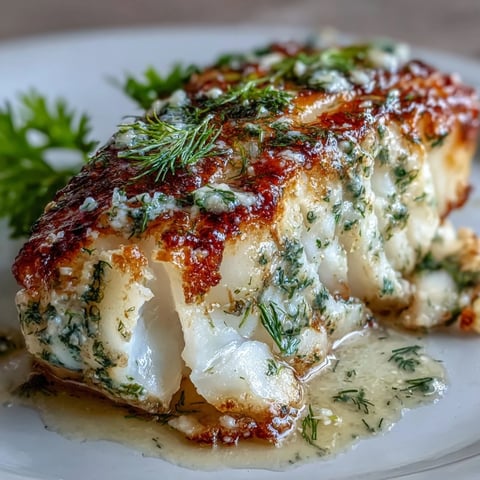 Garlic Herb Butter Cod with Green Beans and Baby Potatoes in a baking dish, showcasing flaky white fish topped with aromatic herb butter alongside roasted potatoes and crisp green beans.
