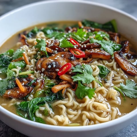 A steaming bowl of vegan coconut curry ramen with bok choy and mushrooms, rich and fragrant with creamy coconut broth.