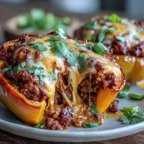 Vibrant bell peppers stuffed with seasoned ground beef taco filling, topped with melted cheddar cheese for a flavorful keto-friendly dinner.