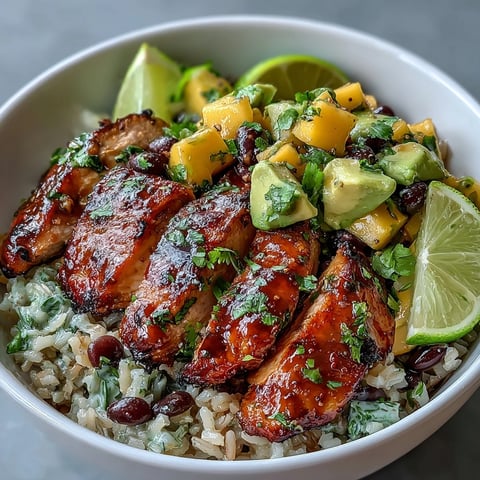 Vibrant Mango Avocado Salsa Chicken Bowls with Brown Rice and Black Beans, topped with juicy grilled chicken and fresh mango salsa.  