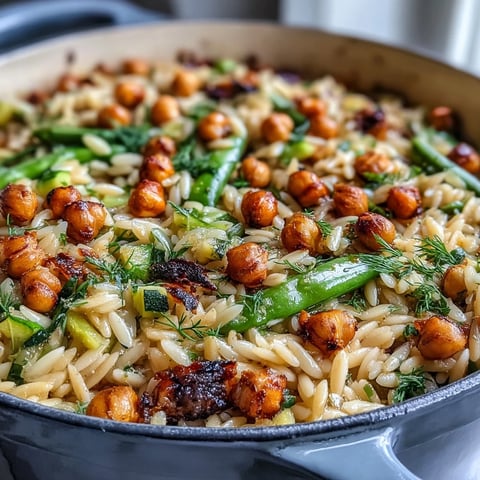 A vibrant one-pot lemon herb orzo with chickpeas and spring veggies, bursting with fresh asparagus, zucchini, and sugar snap peas.
