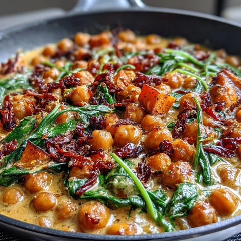 Creamy Coconut Curry Chickpea Skillet with Sweet Potatoes and Spinach in a fragrant sauce.