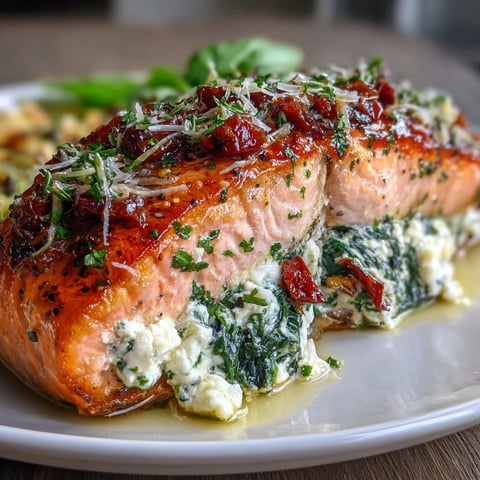 Baked salmon fillets stuffed with spinach and feta, roasted to golden perfection.  