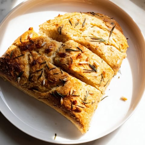Warm Yeast-Free Garlic and Rosemary Bannock Bread, fresh from the oven, with visible rosemary flecks.
