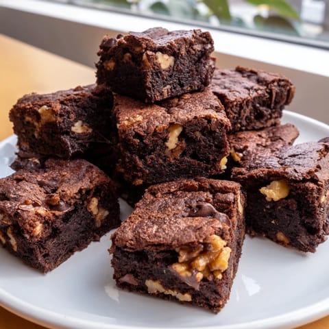 Freshly baked Fudgy Walnut Brownies, a one-pan recipe, look incredibly moist with visible chopped walnuts.