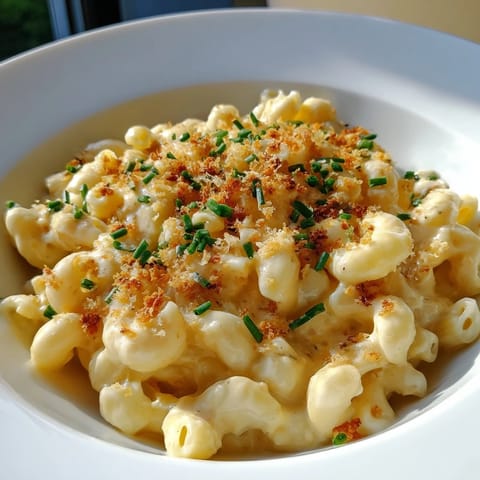 Steaming bowl of creamy Golden Comfort Food: Creamy Stove-Top Mac and Cheese, with fresh chives as garnish.