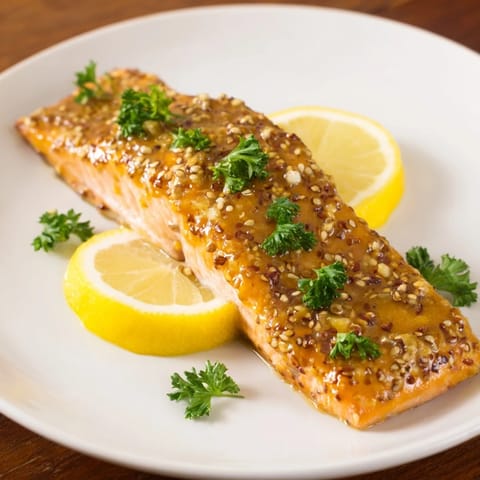 Delectable Honey Mustard Glazed Salmon, featuring a glossy, flavorful sauce, perfect for a quick meal.